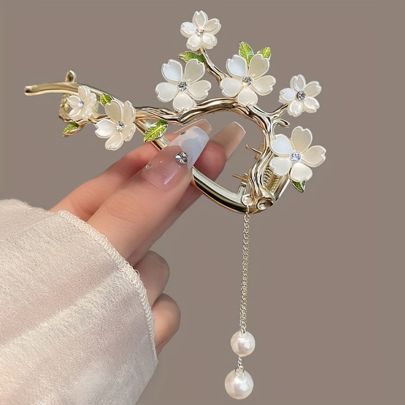 1pc Ancient Style Frog Buckle, Retro Elegant Fairy Flower Imitation Pearl Tassel Metal Hair Clip, Ideal choice for Gifts