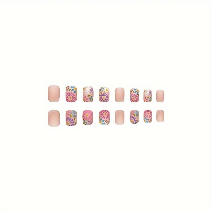 Medium Square Press On Nails, Daisy Design Fake Nails,Full Cover French Tip False Nails For Women And Girls