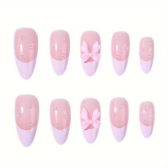 24pcs Medium Press On Nails, French Style Fake Nails,Full Cover Bowknot Pearl False Nails For Women And Girls
