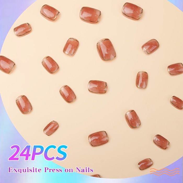 24pcs Oval Press On Nails With Golden Stripe Design, Gradient Fake Nails,Full Cover False Nails For Women And Girls