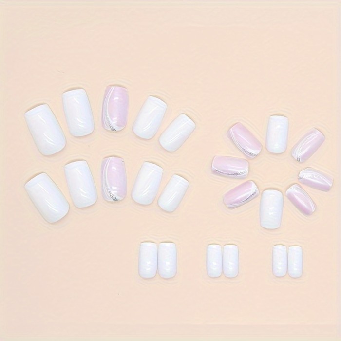 Milk White Solid Color False Nails Romantic Pinkish Press On Nails With Slivery Glitter Stripe Design, Gentle Medium Ballet Shaped Fake Nails