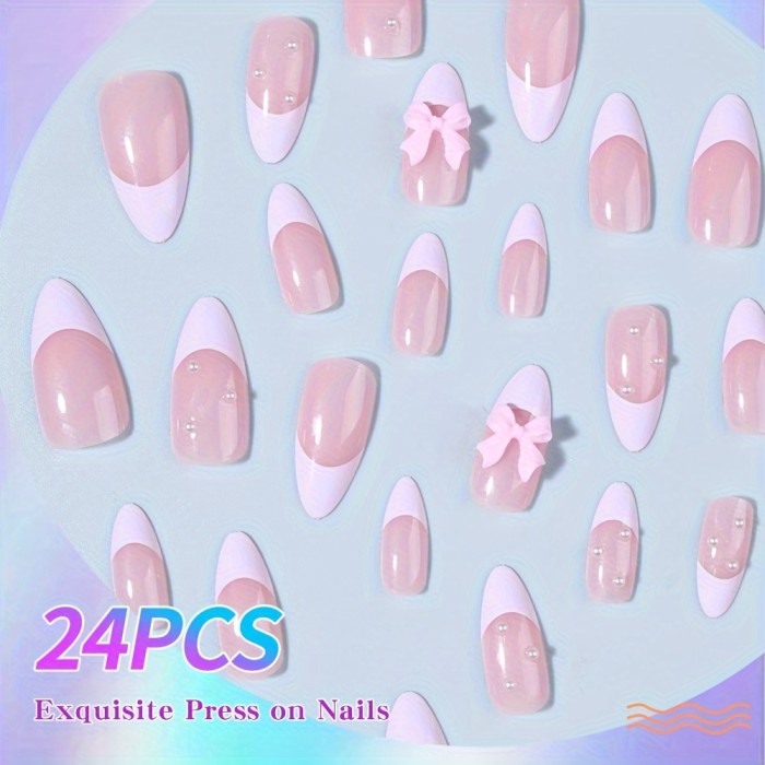 24pcs Medium Press On Nails, French Style Fake Nails,Full Cover Bowknot Pearl False Nails For Women And Girls