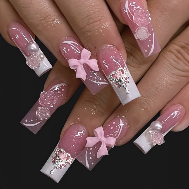 Y2K Style White French Pinkish Bow With Design Sweet Press On Nails, Faux Pearls And Flower Decorated False Nails For Women, Long Square Ballet Acrylic Wear Nails