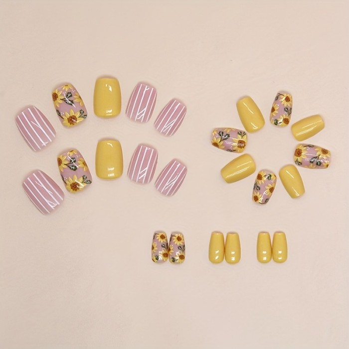 Summer Press On Nails Retro Oil Painting Style Sunflower False Nail White Stripe With Design Short Square Shaped Solid Color Yellow False Nails