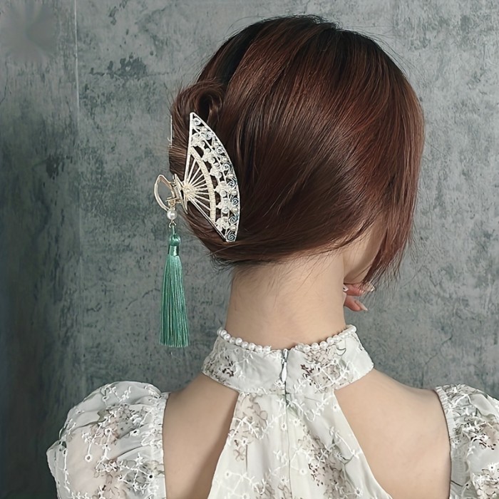 1pc Chinese Style Tassel Fan Hair Claw Clip with Faux Pearl Decor - Women's Hair Accessory