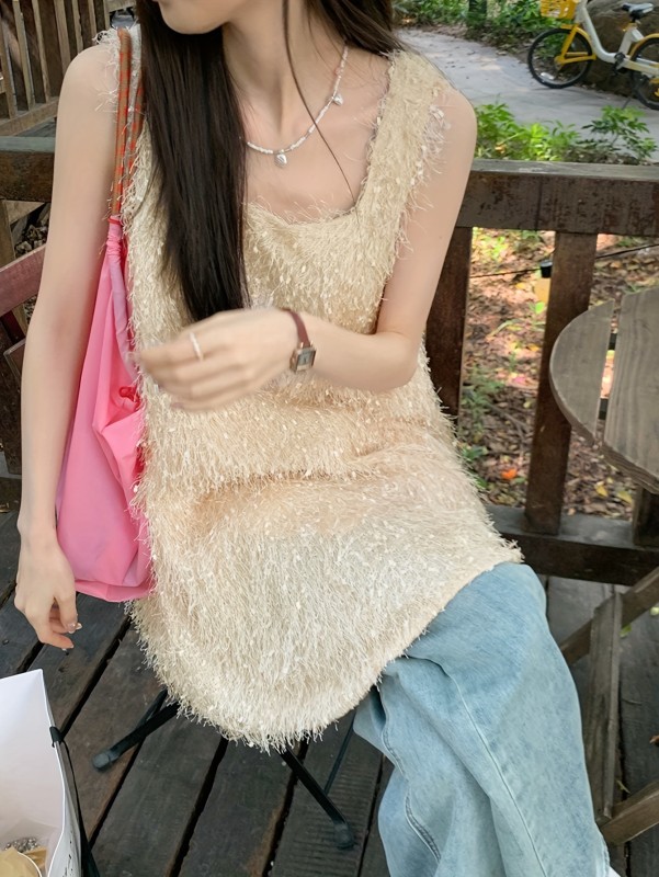 Solid Color Square Neck Tank Top, Versatile Sleeveless Fuzzy Loose Top For Spring & Summer, Women's Clothing