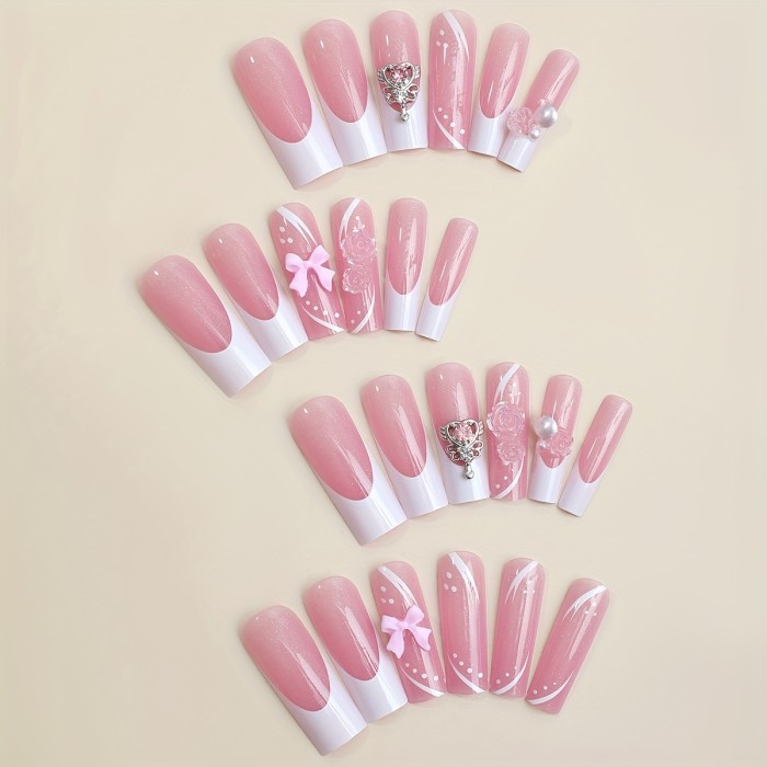 Y2K Style White French Pinkish Bow With Design Sweet Press On Nails, Faux Pearls And Flower Decorated False Nails For Women, Long Square Ballet Acrylic Wear Nails