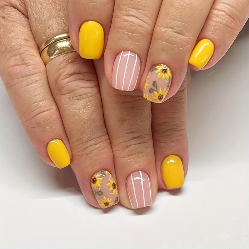 Summer Press On Nails Retro Oil Painting Style Sunflower False Nail White Stripe With Design Short Square Shaped Solid Color Yellow False Nails