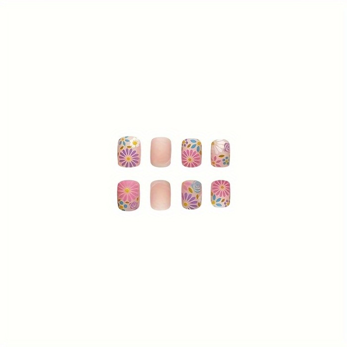 Medium Square Press On Nails, Daisy Design Fake Nails,Full Cover French Tip False Nails For Women And Girls