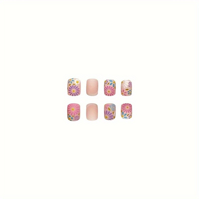 Medium Square Press On Nails, Daisy Design Fake Nails,Full Cover French Tip False Nails For Women And Girls