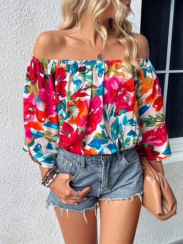 Women's Floral Off Shoulder Blouse - Vacation Style Loose Sleeve Top for Spring & Summer