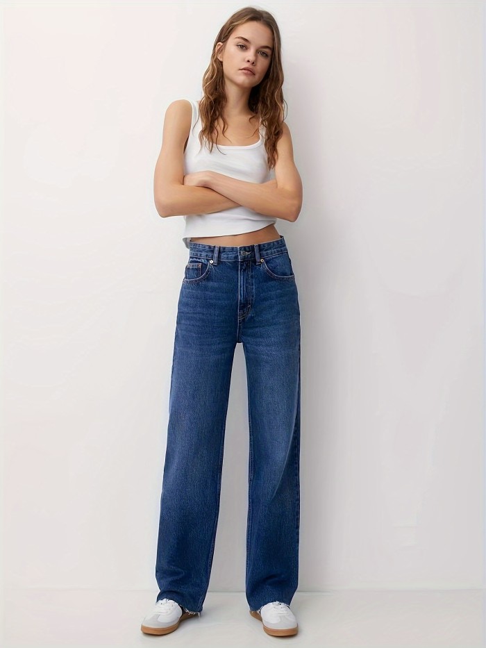 Women's Loose Fit Washed Straight Jeans with Slant Pockets and Raw Hem - Casual Denim Pants