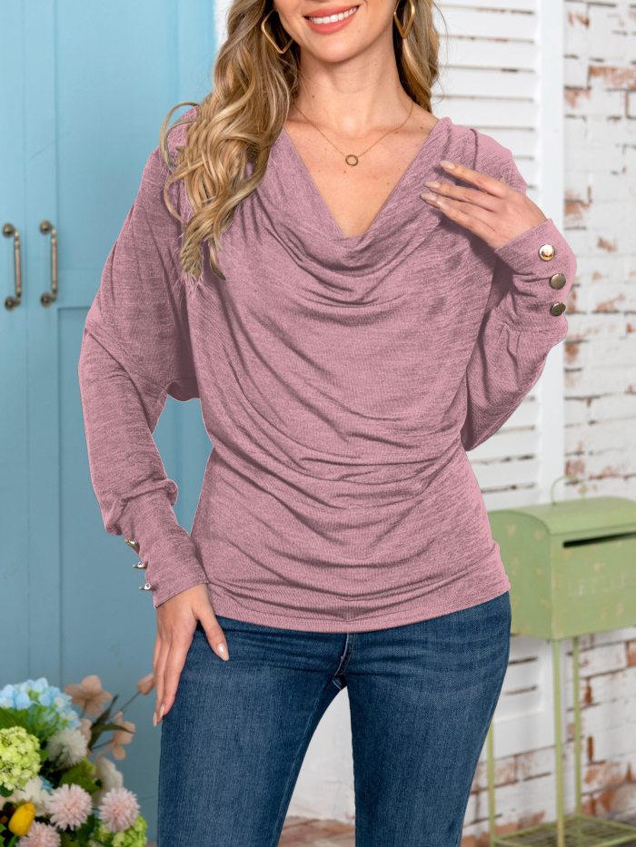 Women's Solid Cowl Neck Long Sleeve T-shirt - Casual Top for Spring and Fall