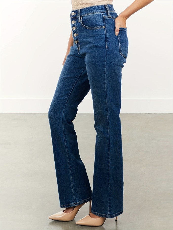 Single-breasted Mid Rise Bootcut Jeans, Whiskering High Strech Bell Bottoms Denim Pants, Elegant Pants For Every Day, Women's Denim Jeans & Clothing