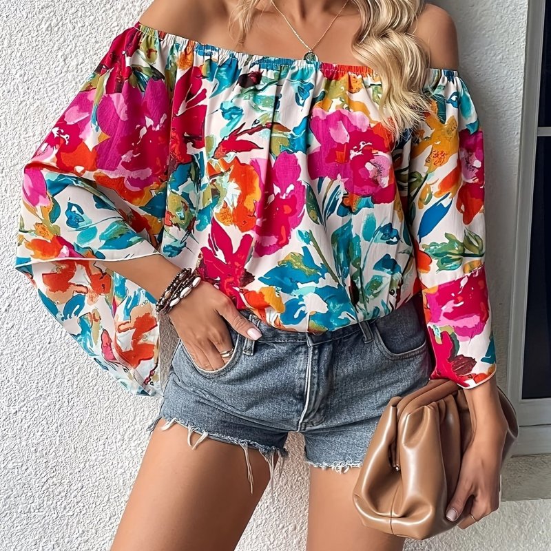 Women's Floral Off Shoulder Blouse - Vacation Style Loose Sleeve Top for Spring & Summer