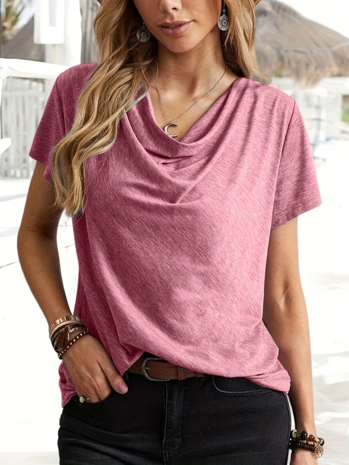 Women's Cowl Neck Short Sleeve T-Shirt - Elegant Solid Casual Top for Summer and Spring