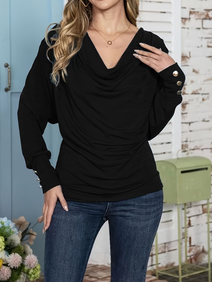 Women's Solid Cowl Neck Long Sleeve T-shirt - Casual Top for Spring and Fall