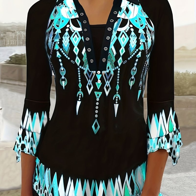 Geometric Print Collared T-Shirt - Casual Irregular Cuff Top for Women - Spring & Fall Fashion