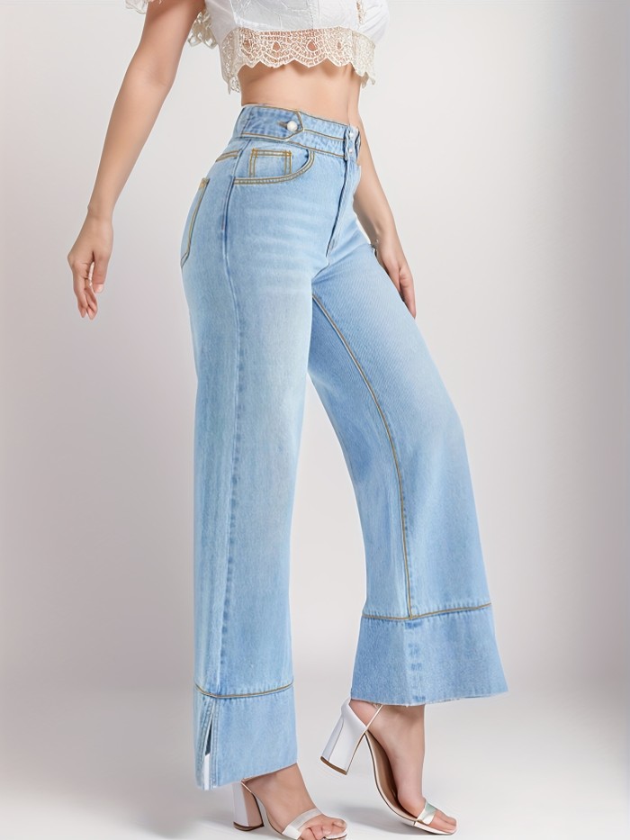 Women's High Waist Baggy Jeans - Double Button, High Stretch Wide Leg Denim Pants