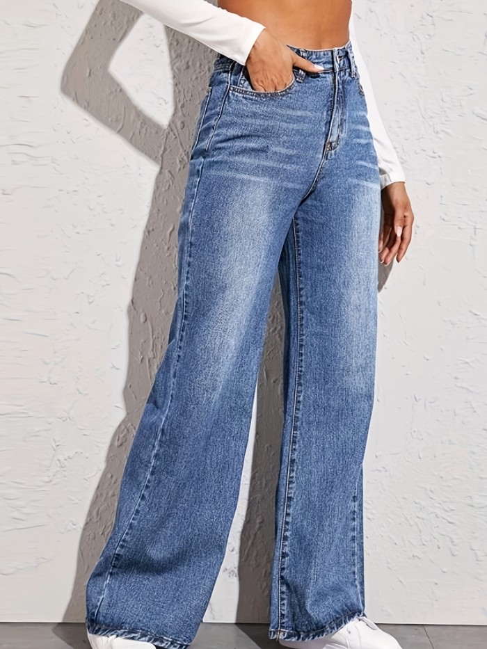 Blue Loose Fit Baggy Jeans, Mid-Stretch Loose Fit Slant Pockets Casual Wide Legs Jeans, Women's Denim Jeans & Clothing