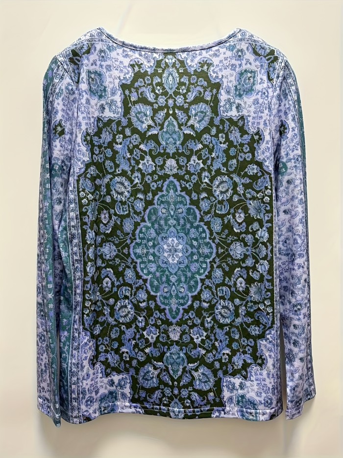Women's Floral Print V Neck Long Sleeve T-Shirt - Casual Spring and Fall Top