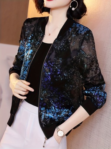 Women's Floral Print Lightweight Zip Up Jacket for Spring & Summer - Casual Long Sleeve Outerwear with Baseball Collar