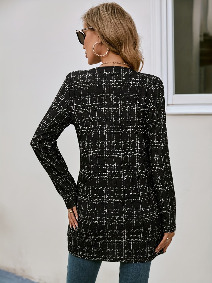 Plaid Pattern Open Front Jacket - Versatile Long Sleeve Outwear for Women - Perfect for Spring and Fall