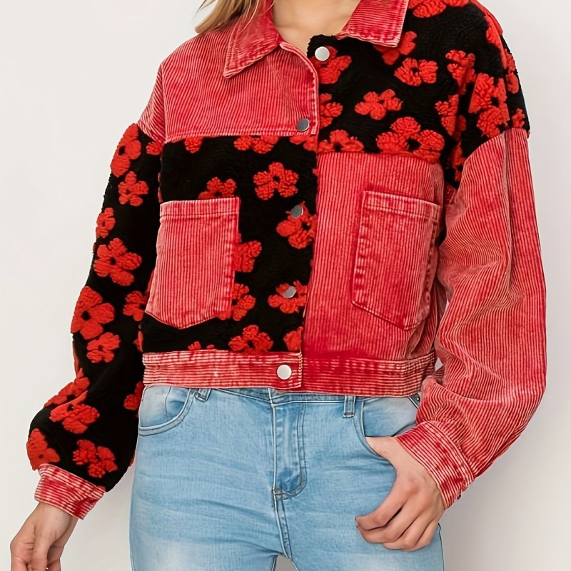 Floral Print Button Front Crop Jacket, Stylish Long Sleeve Corduroy Patchwork Jacket, Women's Clothing