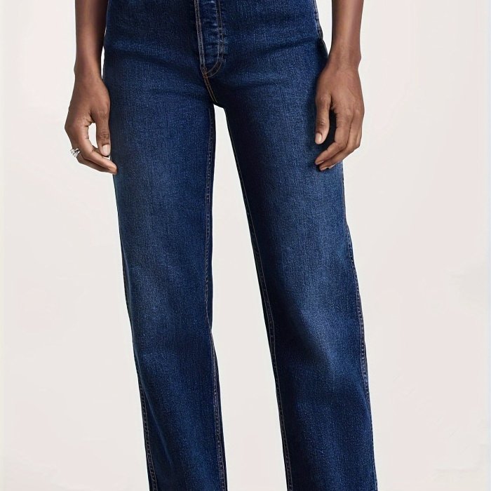 Plain Slant Pockets Straight Jeans, Mid-Stretch Loose Fit Casual Denim Pants, Women's Denim Jeans & Clothing