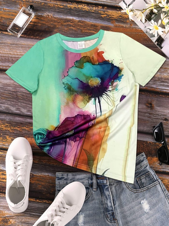 Women's Floral Print T-shirt - Casual Short Sleeve Crew Neck Top for Spring & Summer