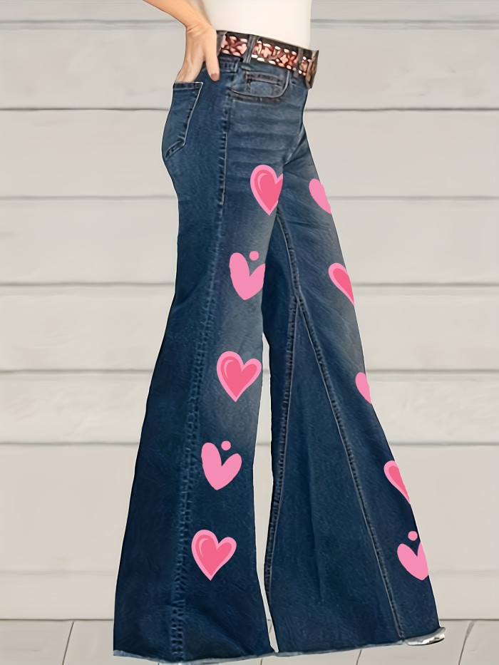 Women's Cute Jeans, Plus Size Heart Print Raw Hem Loose Fit High Stretch Flare Leg Denim Pants