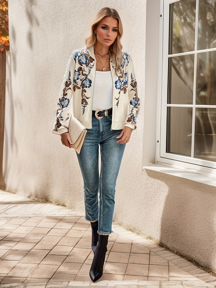 Women's Floral Print Zipper Jacket - Casual Long Sleeve Spring & Fall Outerwear