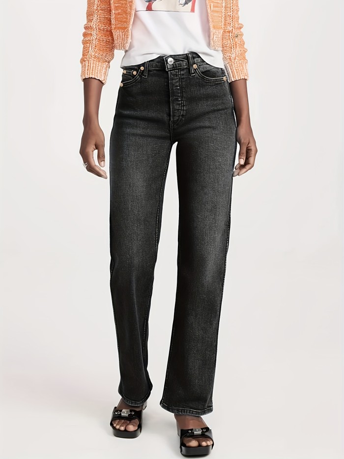 Plain Slant Pockets Straight Jeans, Mid-Stretch Loose Fit Casual Denim Pants, Women's Denim Jeans & Clothing