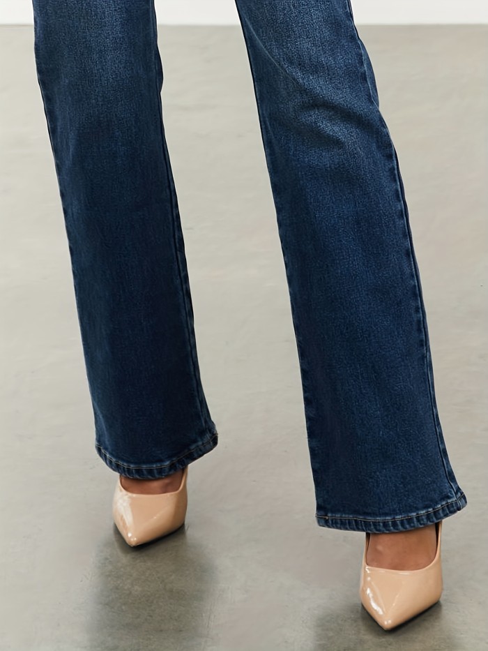 Single-breasted Mid Rise Bootcut Jeans, Whiskering High Strech Bell Bottoms Denim Pants, Elegant Pants For Every Day, Women's Denim Jeans & Clothing