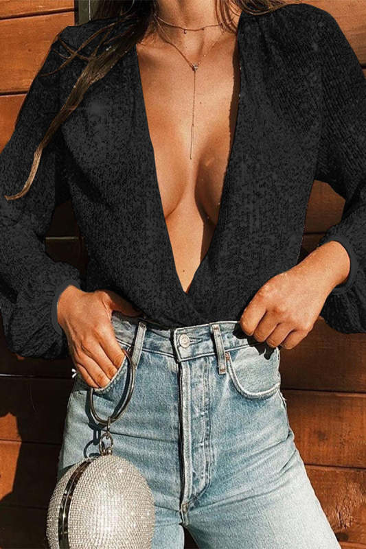 Sexy Solid Sequins Patchwork V Neck Tops