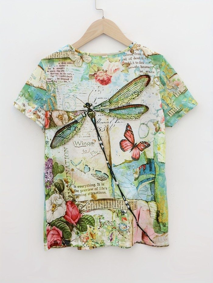 Dragonfly and Flower Print T-Shirt - Women's Casual Short Sleeve Top for Spring and Summer