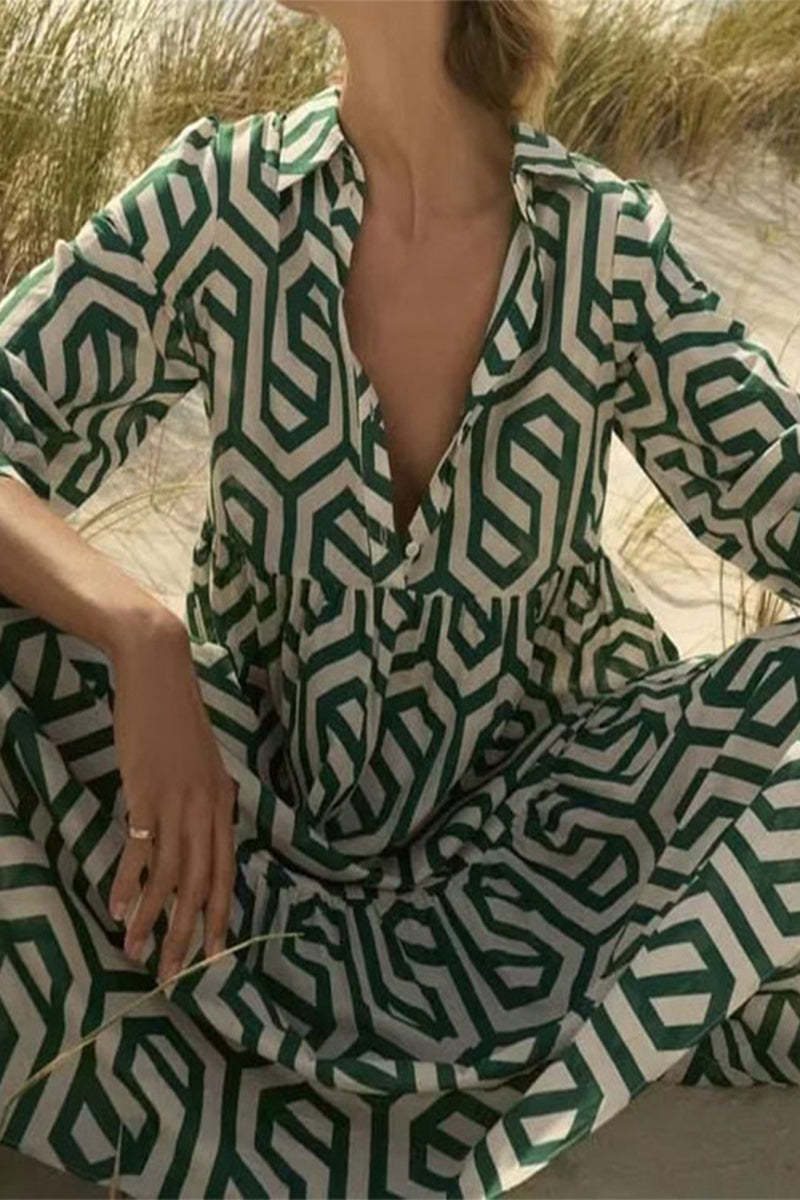 Bohemian College Geometric Printing Contrast Turndown Collar Tops(7 Colors)