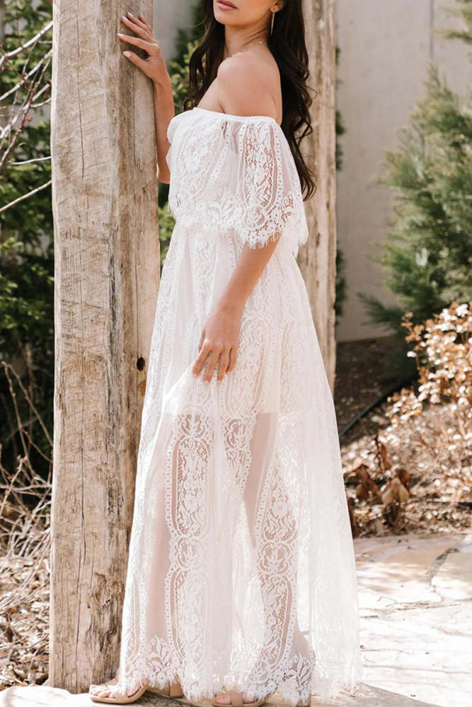 Elegant Solid Lace See-through Off the Shoulder A Line Dresses