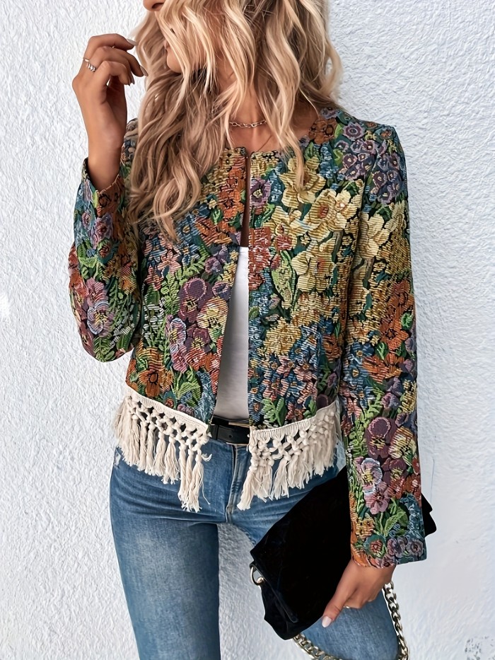 Floral Pattern Tassel Hem Jacket - Stylish Open Front Outerwear for Women