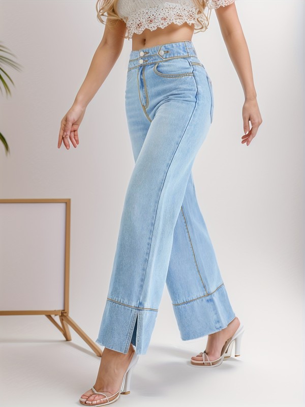 Women's High Waist Baggy Jeans - Double Button, High Stretch Wide Leg Denim Pants