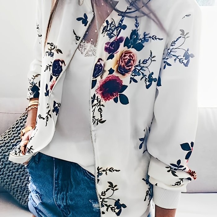 Floral Print Zip-up Jacket, Casual Long Sleeve Jacket For Fall & Winter, Women's Clothing