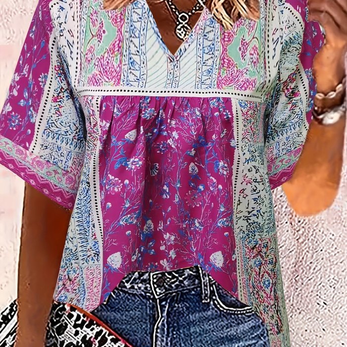 Ethnic Floral Print Blouse, Boho V Neck Half Sleeve Blouse, Women's Clothing