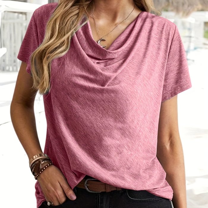 Women's Cowl Neck Short Sleeve T-Shirt - Elegant Solid Casual Top for Summer and Spring