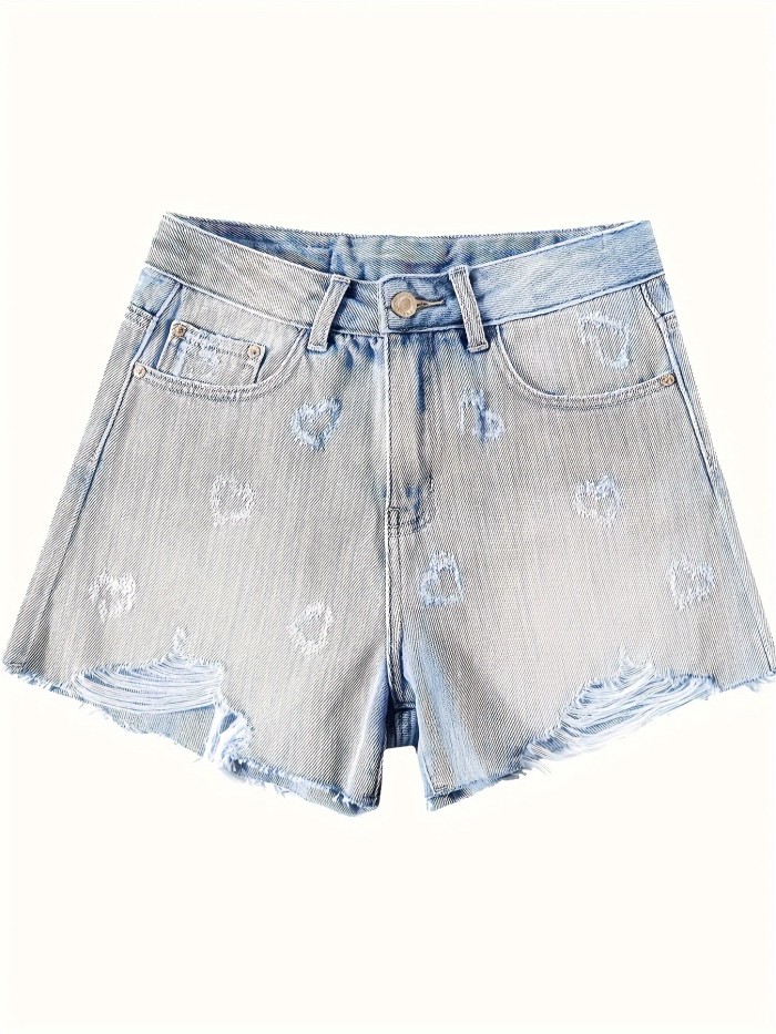 Heart Shaped Ripped Raw Hem Denim Shorts, Cute High Rise Loose Fit Washed Denim Shorts, Women's Denim Jeans & Clothing