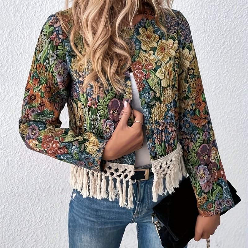 Floral Pattern Tassel Hem Jacket - Stylish Open Front Outerwear for Women