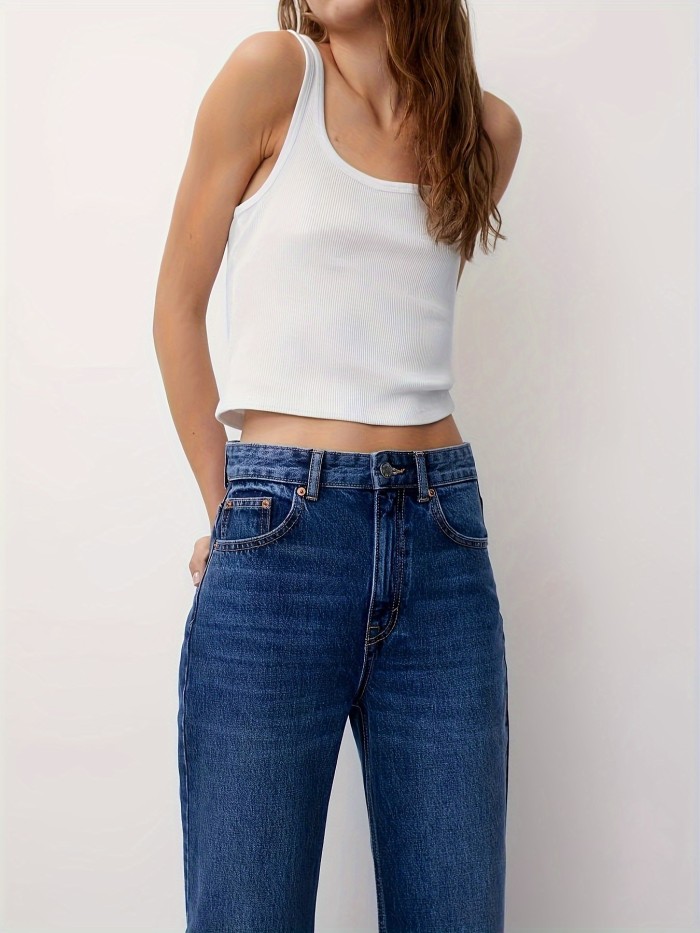 Women's Loose Fit Washed Straight Jeans with Slant Pockets and Raw Hem - Casual Denim Pants