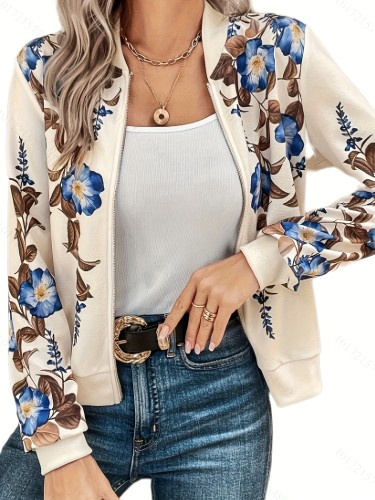Women's Floral Print Zipper Jacket - Casual Long Sleeve Spring & Fall Outerwear