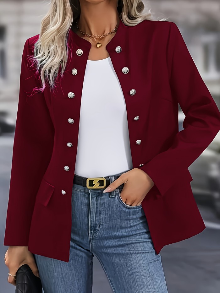 Solid Color Button Decor Blazer, Elegant Long Sleeve Slim Open Front Outwear For Office & Work, Women's Clothing