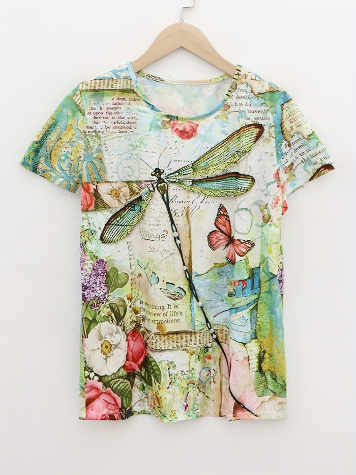Dragonfly and Flower Print T-Shirt - Women's Casual Short Sleeve Top for Spring and Summer