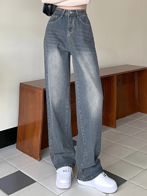 Women's Blue High Waist Baggy Jeans - Retro Style Loose Fit Wide Leg Denim Pants